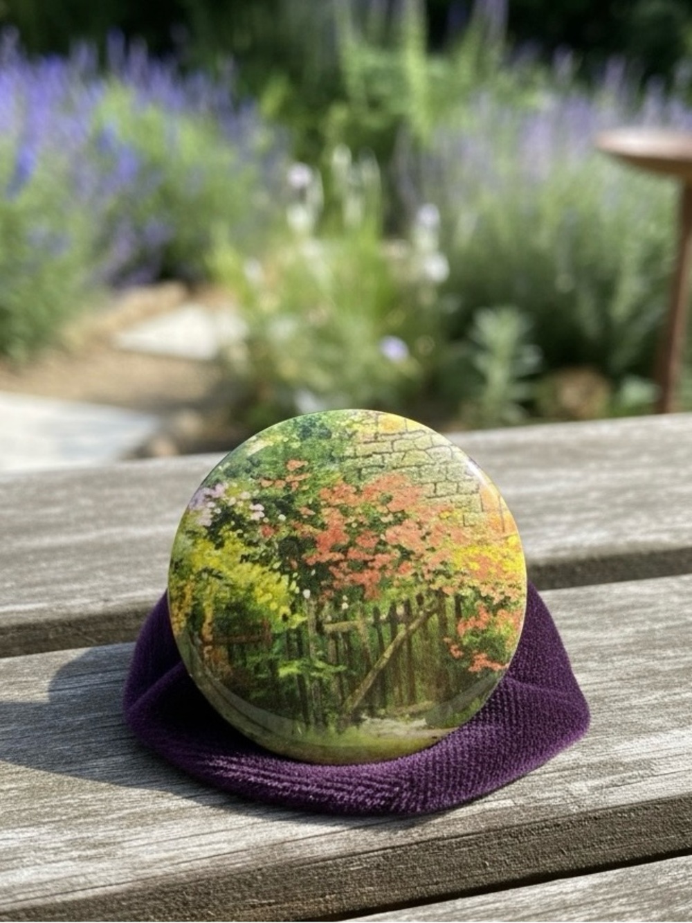 Thomas Kinkade Garden Scene Handmade Button 1.25in Floral Cottage Pin